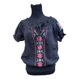 LSTER Womens Cotton Blouse Black Short Sleeve Embroidered BOHO Shirt SZ L EUC